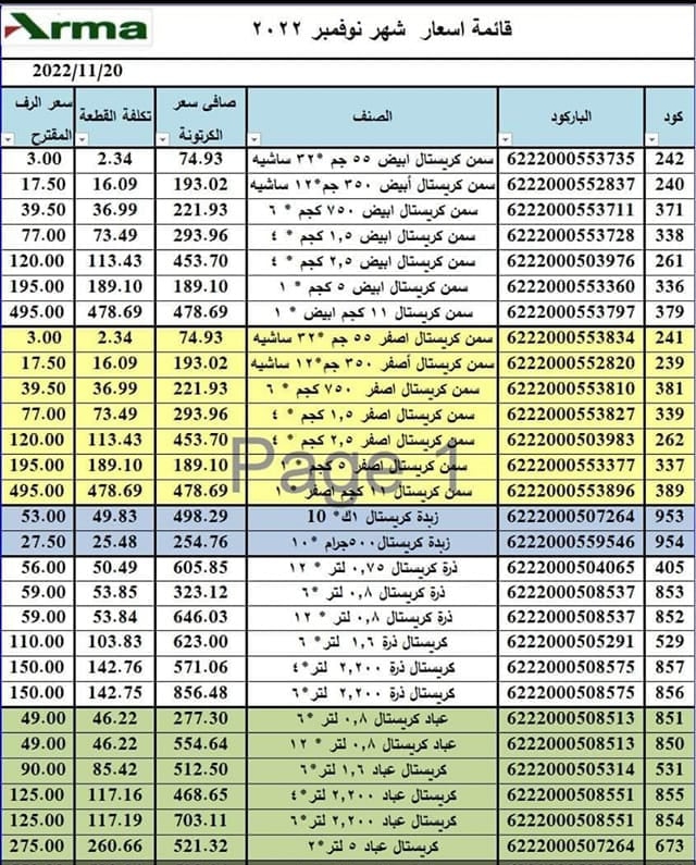 قائمة الاسعار