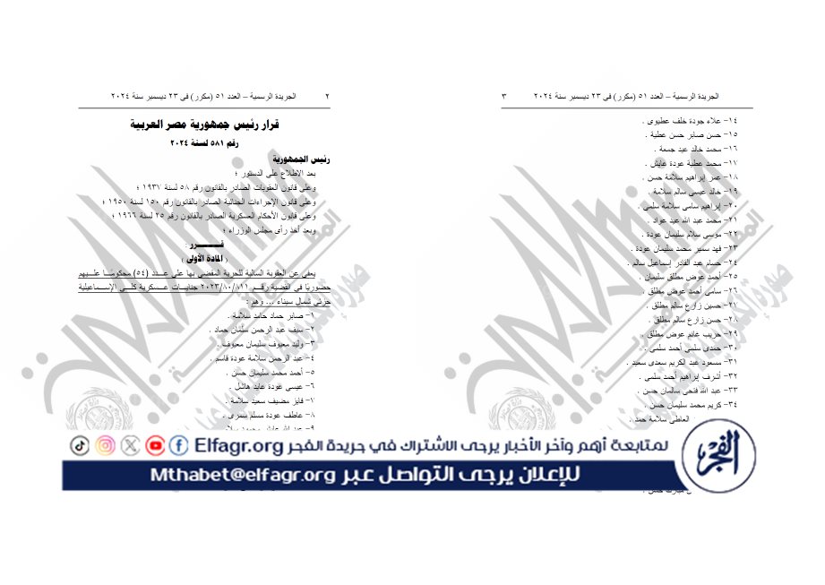 الفجر تنشر أسماء الـ54 المعفو عنهم من أبناء سيناء بقرار رئاسي (1)