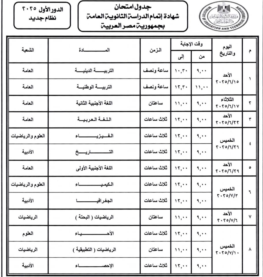 جدول امتحانات الثانوية العامة 2025 الرسمي المعتمد من وزارة التربية والتعليم