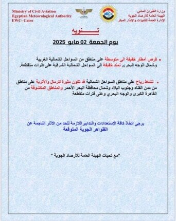 الأرصاد الجوية تحذر من حالة الطقس المتوقعة غدا الجمعة
