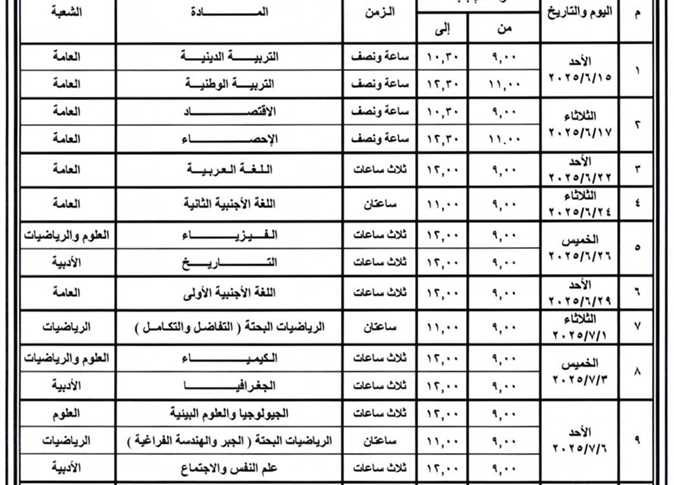 جدول امتحانات الشهاده الثانويه العامه