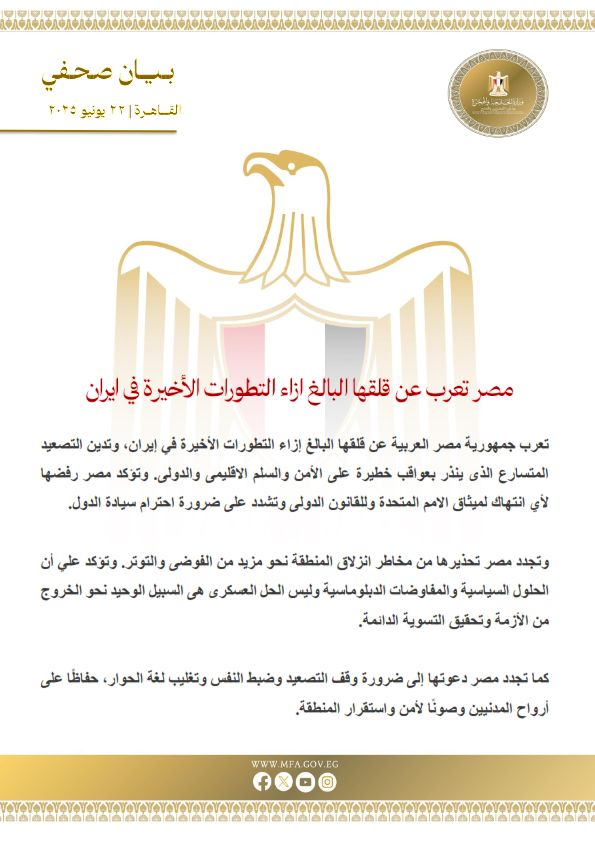 مصر تعرب عن قلقها بشأن التصعيد ضد إيران