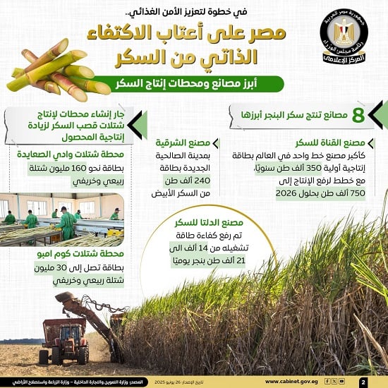 مجلس الوزراء: مصر تقترب من تحقيق الاكتفاء الذاتي من السكر.. طفرة في الإنتاج وتراجع كبير في الواردات