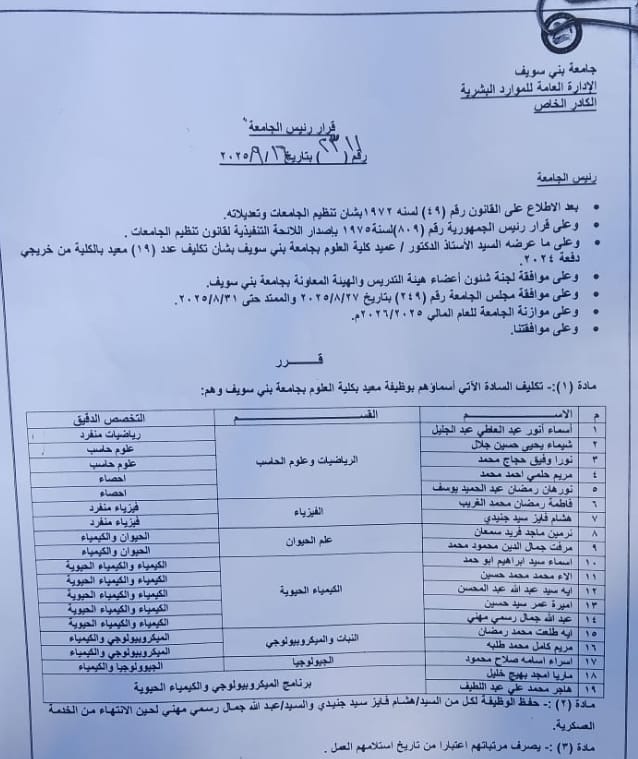 قرار تكليف 19 معيدًا بكلية علوم بني سويف