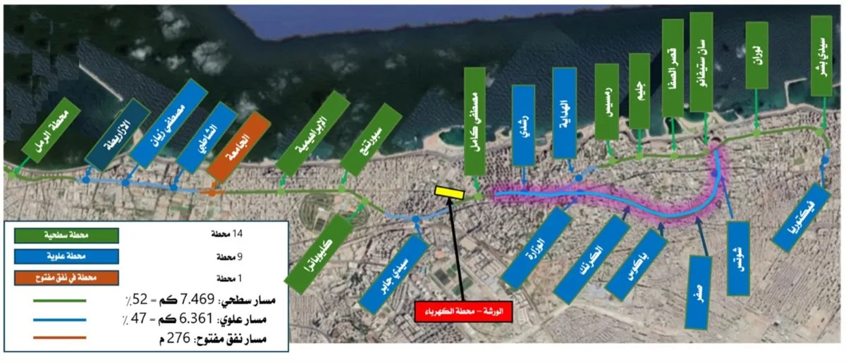 خريطة لمشروع تطوير ترام الإسكندرية&nbsp;