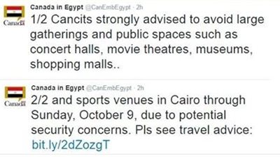السفارة الكندية تُحذر هى الأخرى من أعمال إرهابية مُحتملة بالقاهرة يوم 9 أكتوبر