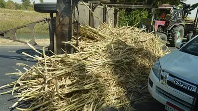 انقلاب قاطرة قصب سكر بطريق الأقصر - أسوان الزراعي (صور) 