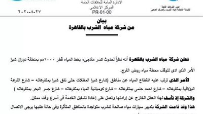  بسبب كسر مفاجئ.. قطع المياه عن العديد من المناطق بالقاهرة 