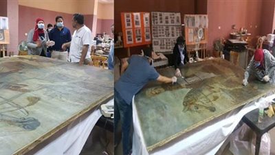 شاهد.. ترميم أكبر لوحة زيتية لمحمد علي باشا بمتحف المركبات الملكية