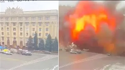 شاهد.. لحظة قصف ميدان الحرية وسط خاركيف الأوكرانية