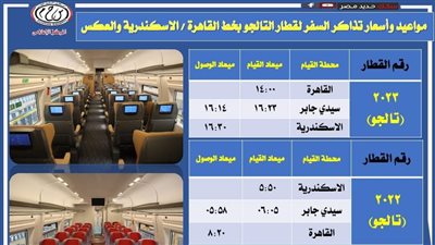 عاجل.. مواعيد قطار تالجو الفاخر بين القاهرة والإسكندرية.. أسعار التذاكر