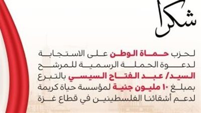 وفقًا لتوجيهات السيسي.. حماة الوطن يتبرع بـ10 ملايين جنيه لدعم فلسطين
