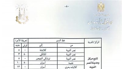  تعريفة الأجرة الجديدة للمواصلات الداخلية والخارجية بمحافظة أسوان 