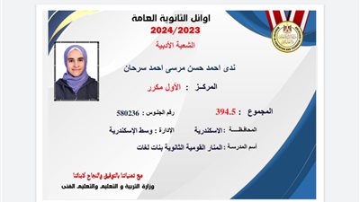 ندا أحمد بنت الإسكندرية تحصل الأولى مكرر علي الجمهورية بالثانوية العامة