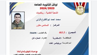 محمد أحمد أبو الفتوح قرني يحصل على المركز السادس بالثانوية العامة في الإسكندرية