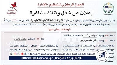 التقديم يبدأ 8 سبتمبر.. التنظيم والإدارة يعلن عن مسابقة لتوظيف 213 موظفًا في الهيئة العامة للأبنية التعليمية 