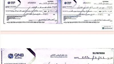 بالصور... الشيكات التى وقع عليها أحمد فتوح في جلسة التصالح بمحكمة جنايات مطروح 