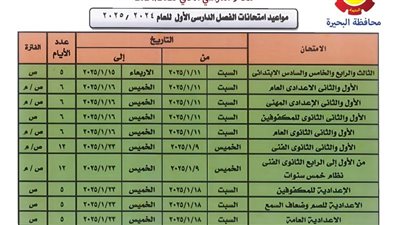 محافظ البحيرة تعتمد مواعيد امتحانات الفصل الدراسي الأول لجميع المراحل التعليمية