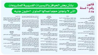 ننشر قانون رقم 6 لسنة 2025 بشأن بعض الحوافز والتيسيرات الضريبية للمشروعات أقل من 20 مليون جنيه