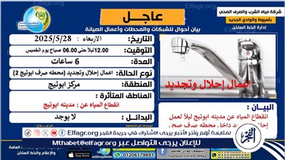 انقطاع المياه عن مدينة أبوتيج فى أسيوط لمدة 6 ساعات 