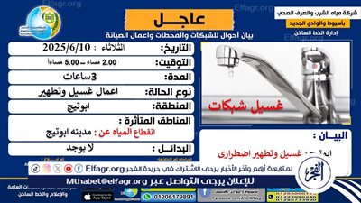 انقطاع المياه عن مدينة أبوتيج في أسيوط لمدة ثلاث ساعات