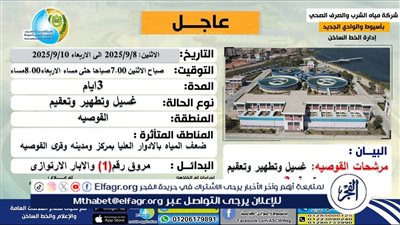  ضعف المياه بالأدوار العليا بقرى ومدينة القوصية بأسيوط لمدة ثلاثة أيام 