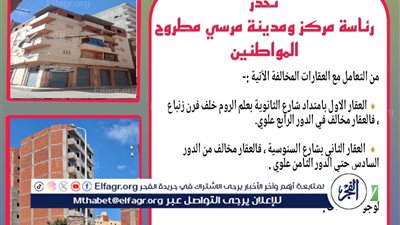 مرسي مطروح:ضبط عقارات مخالفة دون تراخيص.. تحذيرات للمواطنين من الاعلانات المضللة