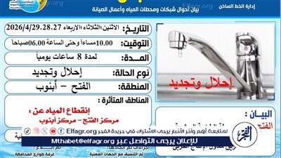 انقطاع المياه عن مركزى أبنوب والفتح بأسيوط لمدة 8 ساعات يوميا لمدة 3 أيام 
