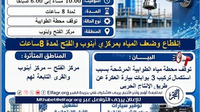 انقطاع المياه عن مركزي أبنوب والفتح بأسيوط 8 ساعات لمدة يومان 
